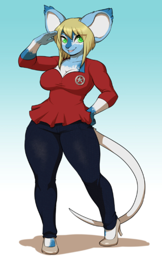 anthro big_eyes biped blonde_hair blue_background breasts clothed clothing female footwear gradient_background hair hi_res high_heels kittydee looking_at_viewer mammal mouse murid murine rodent shoes simple_background smile solo standing thick_thighs // 1407x2250 // 1.0MB