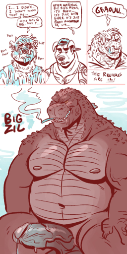 1:2 2017 2018 anthro balls belly big_penis big_zil bodily_fluids canid canine cigarette comic cum cum_on_chest cum_on_face dialogue dramamine drooling drooling_on_partner drooling_onto_other english_text erection excessive_drooling genital_fluids genitals godzilla group hi_res humanoid_genitalia humanoid_penis kaiju looking_at_viewer male mammal monster moobs multiple_images musclegut muscular muscular_male navel nude open_mouth orientation_play overweight overweight_male penis precum precum_string saliva scalie simple_background smile smoking solo speech_bubble straight_to_gay text ursid vein // 1000x2000 // 382.1KB