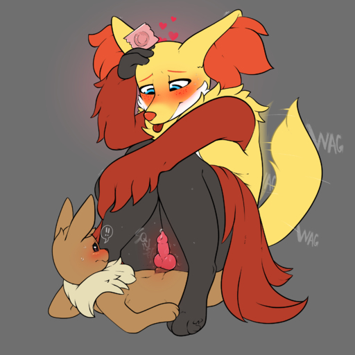 <3 anthro blush bodily_fluids condom condom_wrapper delphox duo eevee female feral generation_1_pokemon generation_6_pokemon genital_fluids hi_res knot larger_female male malefemale mr.smile pokemon_(species) precum scarlett_(mr.smile) sexual_barrier_device size_difference tail_motion tailwag tongue tongue_out video_games // 2000x2000 // 789.1KB