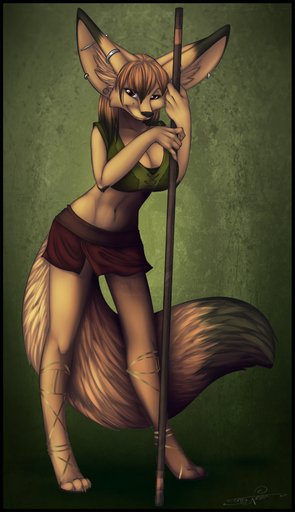 alishka anthro big_ears breasts canid canine cleavage clothed clothing ear_piercing female fennec fox gauged_ear industrial_piercing looking_at_viewer mammal melee_weapon piercing polearm skimpy solo staff vulpes weapon // 550x954 // 604KB