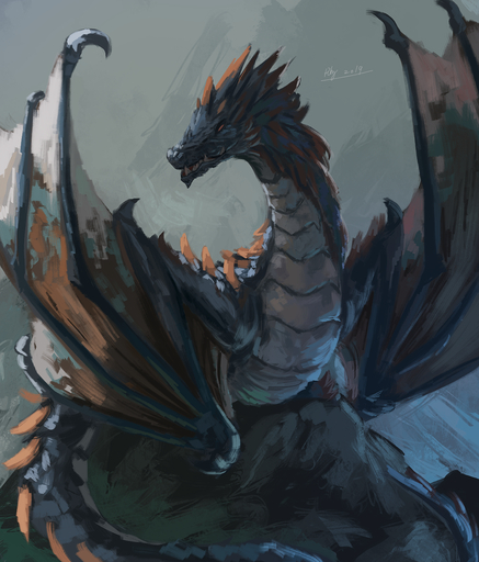 2019 abstract_background ambiguous_gender dragon feral hi_res rhythmpopfox rock signature simple_background solo spiked_tail spikes spikes_(anatomy) wings wyvern // 1280x1500 // 7.5MB