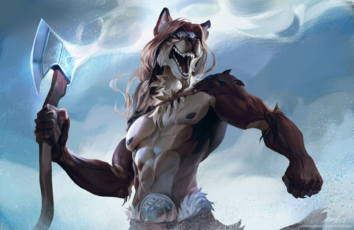 2019 5_fingers abs anthro axe bonifasko brown_body brown_fur canid canine canis day detailed_background digital_media_(artwork) fingers fur holding_object holding_weapon male mammal melee_weapon open_mouth outside scar sky solo teeth tongue weapon wolf // 1280x833 // 711KB