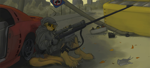 anthro barefoot biped blonde_hair canid canine clothed clothing digital_media_(artwork) feet female green_eyes gun hair hood hoodie ipoke knife looking_at_viewer mammal misplaced_spigot post-apocalyptic ranged_weapon rifle solo suit topwear warzone weapon // 1000x453 // 240.6KB