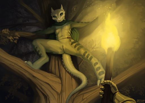 absurd_res against_natural_surface against_surface against_tree anthro breasts cape clothing female genitals hi_res hiding lizard mask night plant pussy reptile scalie small_breasts solo the-minuscule-task torch tree // 4980x3545 // 9.2MB