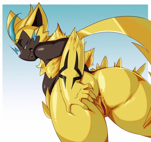 2019 anthro anus big_butt breasts butt butt_grab female genitals hand_on_butt hi_res legendary_pokemon looking_at_viewer looking_back low-angle_view mcfli nintendo nude pokemon pokemon_(species) presenting presenting_hindquarters presenting_pussy pussy rear_view smile smirk solo spread_butt spreading thick_thighs video_games zeraora // 1280x1203 // 190.6KB