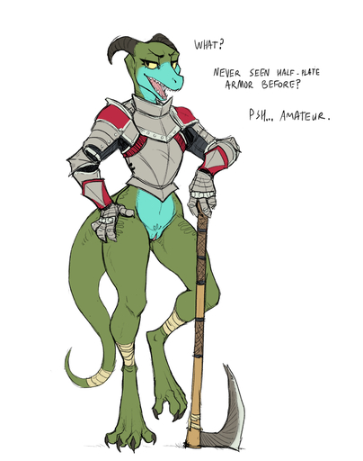 armor axe black_eyes bottomless claws clothed clothing colored dialogue digitigrade edit female guoh half-closed_eyes hindpaw horn kobold melee_weapon open_mouth paws pussy reptile scales scalie sharp_teeth smile solo teeth toe_claws tugma weapon wide_hips // 779x988 // 241.3KB