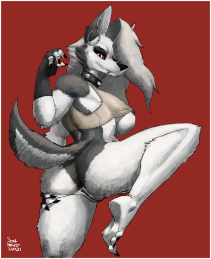 anthro big_breasts big_butt black_nails black_nipples black_nose border breasts butt canid canine canis clothed clothing collar colored_nails curvy_figure ear_piercing feet female fingerless_gloves fur genitals gloves hair hand_on_butt handwear helluva_boss hi_res looking_at_viewer loona_(vivzmind) mammal multicolored_body multicolored_fur nails nipples partially_clothed piercing pussy red_sclera soulharvest spiked_collar spikes spread_butt spreading thick_thighs voluptuous white_border white_hair wide_hips wolf // 1211x1486 // 1.1MB