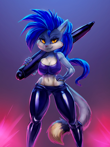 2022 3:4 anthro blue_body blue_fur blue_hair canid canine countershading digital_media_(artwork) female fox fur general-irrelevant hair hand_on_hip hi_res holding_object holding_pen latex_pants mammal navel pen rubber simple_background smile solo white_body white_countershading white_fur wide_hips yellow_eyes // 1080x1440 // 633.4KB