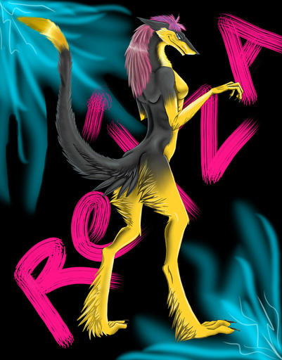 black_body blue_eyes female fur hair mammal pink_hair reiza sergal smile solo standing volkreiza yellow_body yellow_fur // 900x1149 // 226KB