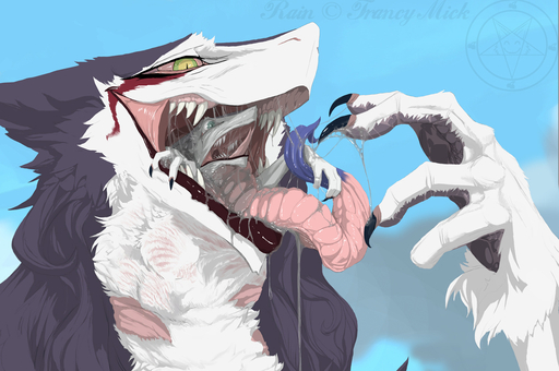 ambiguous_form anthro blood_warpaint blue_hair bodily_fluids chimera_synx claws duo fangs female gaping_mouth green_eyes gums hair mammal mouth_shot open_mouth palate rain_silves saliva scar sergal throat_hug vore // 1250x831 // 513.9KB