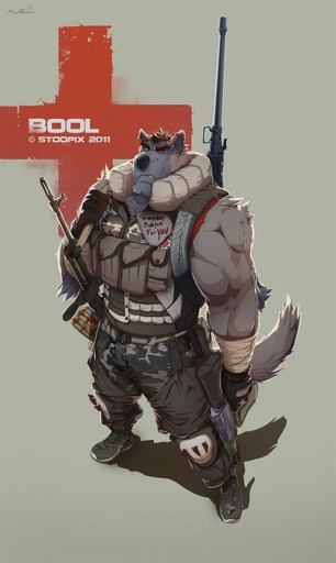 2011 anthro black_nose brown_hair canid canine canis gun hair hi_res male mammal ranged_weapon simple_background solo stoopix weapon wolf // 764x1280 // 101KB