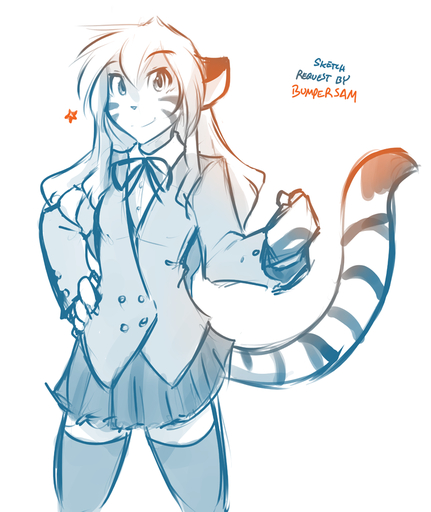 2016 aisaka_taiga anthro bottomwear bow_tie clothed clothing conditional_dnp crossover felid female flora_(twokinds) fur hair keidran legwear looking_at_viewer mammal pantherine pleated_skirt school_uniform shirt simple_background sketch skirt smile solo standing stripes text tiger tom_fischbach topwear toradora! twokinds uniform webcomic webcomic_character white_background // 757x900 // 351.6KB