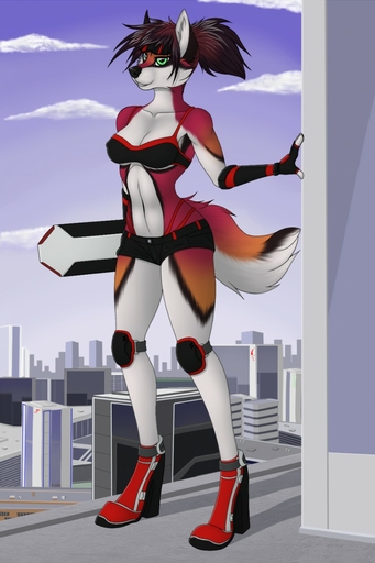 anthro black_nose bottomwear breasts canid canine canis cleavage clothed clothing day detailed_background female green_eyes hi_res mammal midriff nipple_outline outside shorts sky smile solo tales_foxdale wide_hips wolf // 853x1280 // 151.6KB