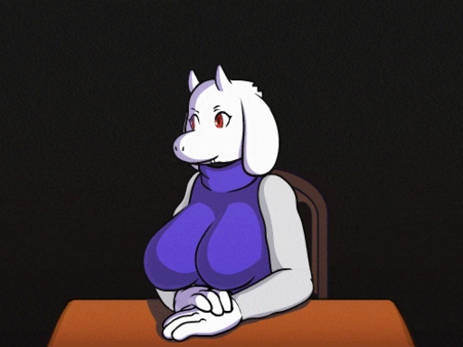 2018 2d_animation 4:3 4_fingers animated anthro big_breasts biped blush boss_monster bovid breast_rest breasts caprine chelodoy digital_media_(artwork) eyes_closed female fingers fur horn looking_at_viewer low_res mammal mature_anthro mature_female red_eyes short_playtime sitting smile solo toriel turtleneck video_games white_body white_fur // 500x375 // 1.1MB