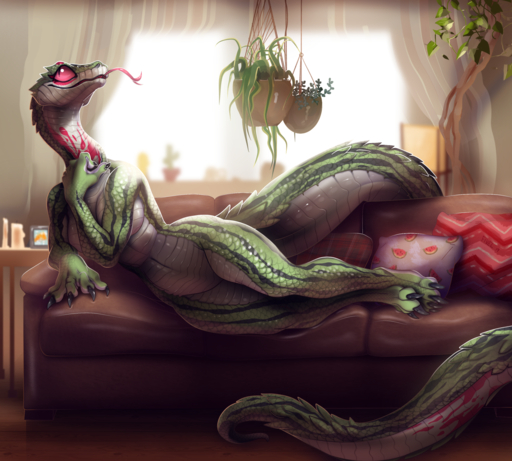 2019 anthro breasts claws female fivel furniture hi_res inside looking_up lying non-mammal_breasts nude on_side pillow plant reptile scales scalie smile snake sofa solo tongue tongue_out // 1500x1350 // 2.4MB
