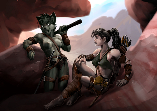 2016 anthro arrow athletic axe bandage bottomwear breasts clothed clothing female hair human hyaenid laugh leather loincloth mammal marsonaut melee_weapon muscular nipples nude polearm ponytail quiver scabbard smile spear spotted_hyena sword topless warrior weapon // 1000x707 // 759.1KB