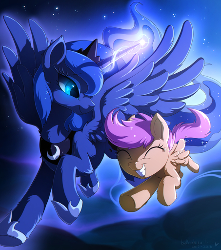 blue_body blue_eyes blue_feathers blue_fur blue_hair duo equid equine eyelashes eyes_closed feathered_wings feathers female feral flying fur hair hi_res hioshiru hooves horn horse mammal night nude orange_body orange_feathers orange_fur outside princess_luna_(mlp) purple_hair scootaloo_(mlp) sky smile winged_unicorn wings // 1061x1200 // 1.2MB