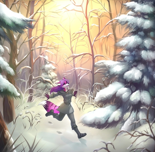 2015 anthro boots bottomwear canid canine clothed clothing detailed_background deymos digital_media_(artwork) eyes_closed female footwear forest fox fur hair iskra jacket mammal outside pants pink_body pink_fur plant purple_hair selene_leni shaded smile snow solo stripes topwear tree white_body white_fur winter // 1109x1080 // 217.6KB