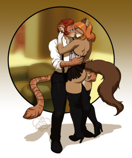 anthro butt canid canine clothed clothing corset duo felid female fur hair hi_res kissing kittydee lingerie male malefemale mammal romantic_couple standing topwear // 1071x1280 // 576.7KB