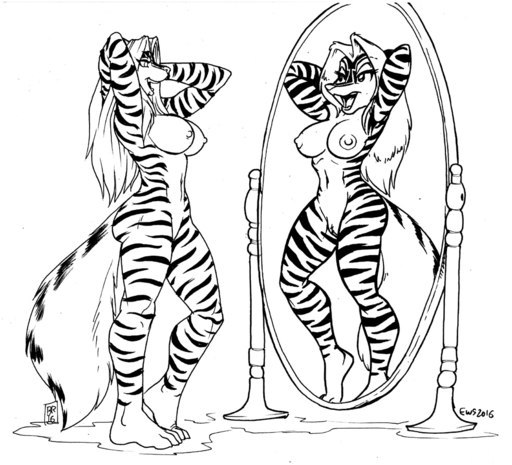 2016 altered_reflection anthro biped breasts collaboration eric_schwartz felid female fluffy fluffy_tail fur genitals hands_behind_head hybrid looking_at_mirror looking_at_object mammal max_blackrabbit mephitid mirror monochrome navel nipples nude open_mouth open_smile pantherine pen_(artwork) pussy reflection sabrina_online simple_background skunk smile solo standing striped_body striped_fur striped_tail stripes tiger traditional_media_(artwork) webcomic webcomic_character white_background zig_zag // 984x893 // 264.8KB