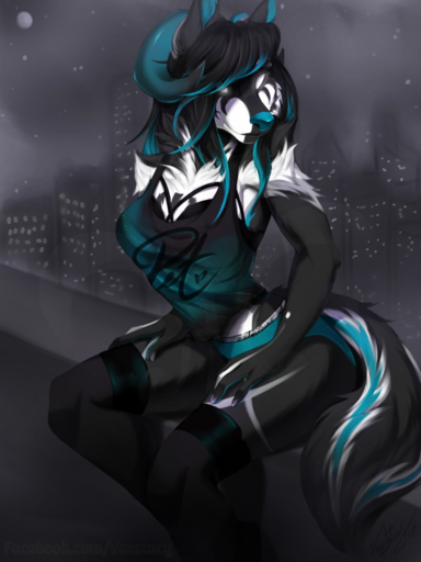 3:4 anthro black_hair blue_horn blue_nose canid canine city clothed clothing curved_horn detailed_background female hair hi_res horn hybrid legwear mammal moon night outside smooth_horn solo stockings sylas_(sylasdoggo) vexstacy wide_hips // 960x1280 // 1.2MB