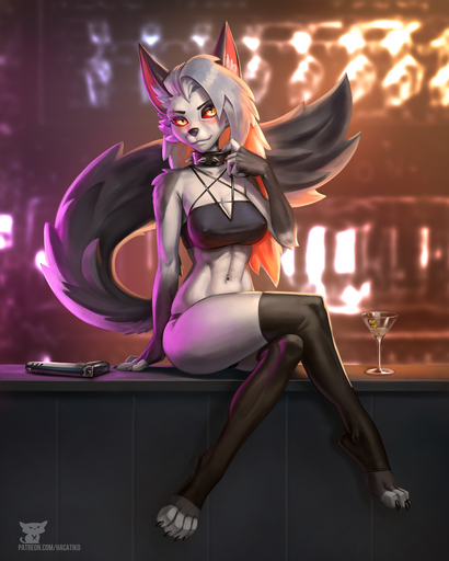 2022 4:5 alcohol anthro bar beverage biped canid canine canis clothing cocktail collar crossed_legs female fur gun hacatiko hair hi_res looking_at_viewer loona_(helluva_boss) mammal martini nipple_outline ranged_weapon sitting solo spiked_collar spikes topwear weapon white_body white_fur wolf // 1120x1400 // 444.8KB