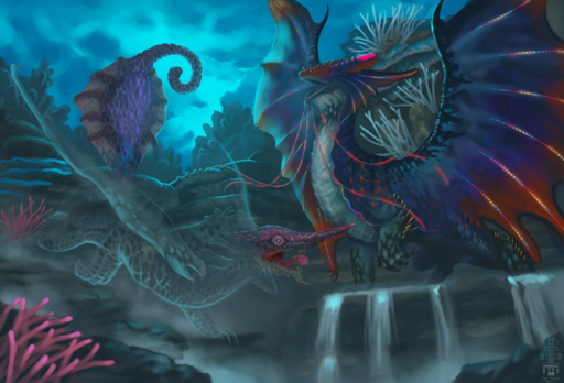 2019 ambiguous_gender bioluminescence capcom chameleos claws digital_media_(artwork) dragon duo elder_dragon feral glowing hi_res horn lone-scarab membrane_(anatomy) membranous_wings monster monster_hunter namielle open_mouth teeth tongue video_games water wings // 1920x1306 // 2.4MB
