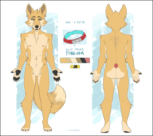 anthro black_border border canid canine collar compass_(artist) english_text featureless_crotch hi_res looking_at_viewer male mammal model_sheet nipples nude solo text // 1356x1206 // 508.7KB
