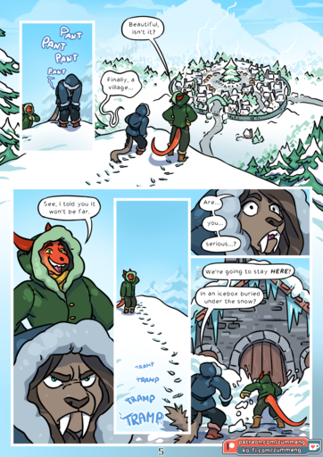 angry annoyed anthro boots breasts breath brown_hair clothed clothing comic darnell_(zummeng) dialogue duo english_text fangs felid female footwear fur fur_trim_(clothing) gloves grey_body grey_fur hair handwear hi_res husband_and_wife lizard machairodontine male malefemale mammal married_couple open_mouth open_smile orange_body orange_scales page_number panting parka reptile sabertooth_(anatomy) scales scalie shani_(zummeng) smile snow speech_bubble standing teeth text url village walking zummeng // 1131x1600 // 1.2MB