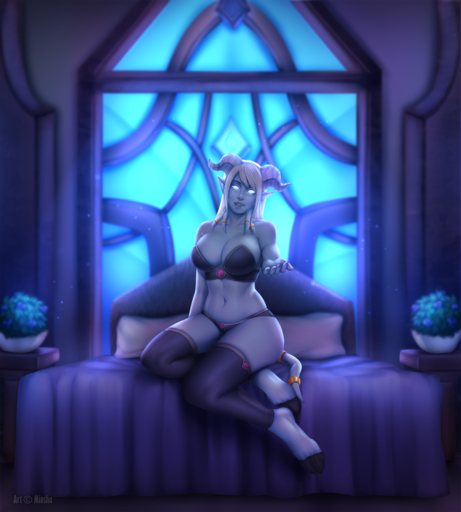 2019 beckoning bed blizzard_entertainment breasts cleavage clothed clothing curvy_figure draenei female furniture gesture hi_res humanoid inviting lingerie looking_at_viewer midriff miosha navel panties seductive solo underwear video_games voluptuous warcraft // 1153x1280 // 1.0MB