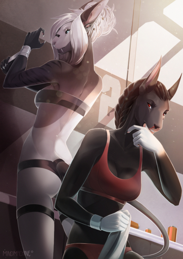2019 5_fingers anthro black_hair blood bodily_fluids breasts canid canine canis clothed clothing detailed_background digital_media_(artwork) duo female fingers hair hi_res jackal jacktor larsana mammal mindmachine red_eyes renu smile standing white_hair // 900x1272 // 2.3MB