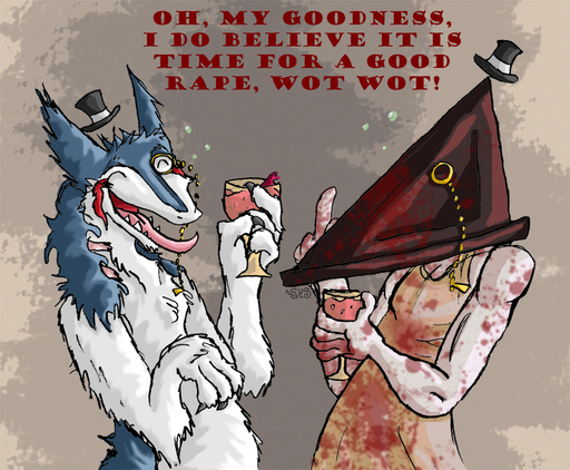 blood bodily_fluids british claws clothing crossover cultured duo english_text eyewear female for_a_head fur hat headgear headwear holding_glass holding_object humanoid humor konami male mammal markings monocle monstrous_humanoid object_head pyramid_head raep_party rain_silves seaweedprincess sergal silent_hill terribly_british text top_hat video_games white_body white_fur // 1000x824 // 344.7KB
