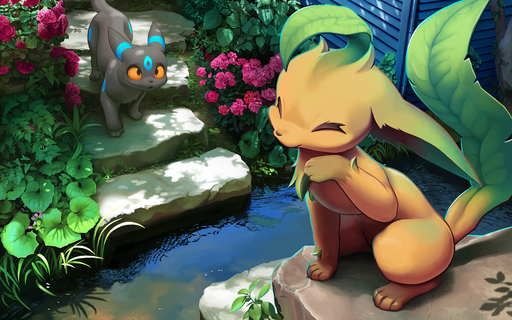 16:10 4_fingers 4_toes all_fours amazing_background ambiguous_gender chest_tuft creek cute_fangs detailed_background eeveelution eyes_closed feet feral fingers flower hi_res leafeon looking_at_another lyc nintendo open_mouth orange_sclera outside plant pokemon pokemon_(species) quadruped shiny_pokemon sitting stairs standing toes tuft umbreon video_games widescreen // 1920x1200 // 930.5KB