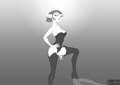 2021 anthro boots breasts captain_amelia cleavage clothed clothing corset felid female footwear frown greyscale hand_on_hip high_heeled_boots high_heels legwear lingerie looking_at_viewer mammal monochrome sabrotiger solo thigh_boots thigh_highs topwear // 1530x1080 // 98.3KB