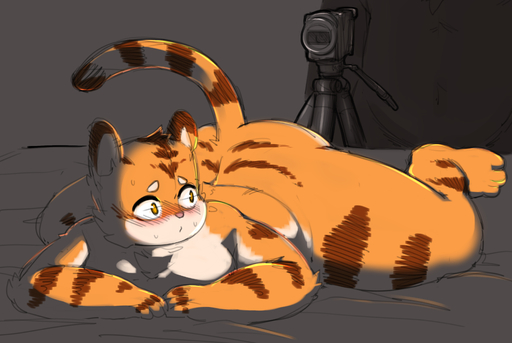 absurd_res anthro blush bodily_fluids camera exhibitionism felid hi_res looking_back lying male mammal on_front overweight overweight_anthro overweight_male pantherine pururing solo spread_legs spreading sweat thick_thighs tiger // 3307x2214 // 1.7MB