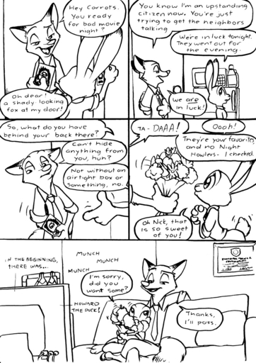 anthro canid canine clothed clothing comic cuddling dialogue disney eating english_text eric_schwartz female flower fox furniture half-closed_eyes hi_res howard_the_duck judy_hopps lagomorph leporid male mammal monochrome narrowed_eyes necktie nick_wilde open_mouth plant predatorprey rabbit romantic romantic_couple sitting smile sofa speech_bubble television text zootopia // 906x1280 // 310.6KB