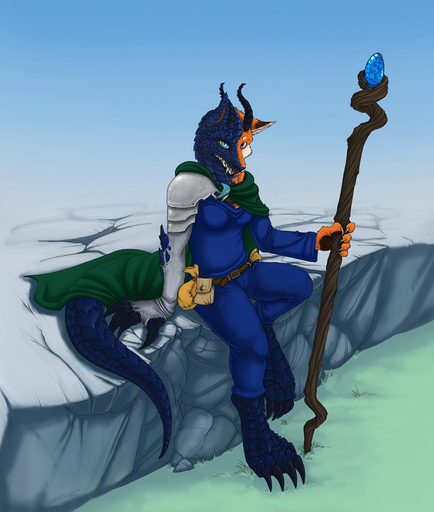 anthro bag belt biped blue_eyes bottomwear breasts canid canine cape chainmail claws clothed clothing conditional_dnp crystal detailed_background dragon female fox fur furred_dragon glacier hindpaw horn hybrid mammal melee_weapon non-mammal_breasts pants paws polearm scales scalie sefeiren shirt sitting solo staff teeth topwear weapon zerika_(iruka) // 847x1000 // 204.7KB