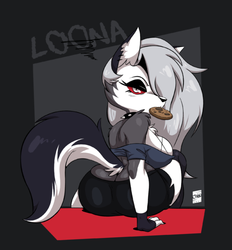 absurd_res anthro big_breasts big_butt breasts butt canid canid_demon clothed clothing cookie demon female food hellhound helluva_boss hi_res joaoppereiraus looking_at_viewer looking_back loona_(vivzmind) mammal red_sclera sitting solo // 2500x2700 // 649.2KB