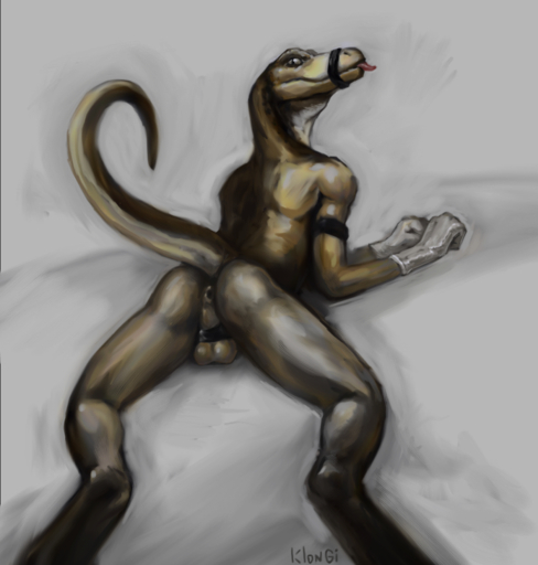 2014 anthro anus backsack balls bdsm biped bondage bound butt clothing digitigrade genitals gloves handwear klongi looking_at_viewer looking_back lying male muzzle_(object) non-mammal_balls on_front presenting presenting_hindquarters pupils raised_tail rear_view reptile scalie slim slit_pupils solo spread_legs spreading submissive submissive_male tongue tongue_out // 1000x1050 // 935KB