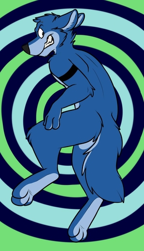 3_toes 4_fingers abstract_background anthro arm_markings arm_tuft black_markings black_nose blue_body blue_countershading blue_fur blue_tail canid canine canis cheek_tuft clenched_teeth countershade_face countershade_tail countershade_torso countershading ears_back elbow_tufts eyebrows facial_tuft feet fingers flat_colors fur green_eyes grin head_tuft hi_res inner_ear_fluff knee_tuft leg_tuft looking_at_viewer male mammal markings multicolored_body multicolored_fur nude pivoted_ears robbie_(rotten_robbie) rotten_robbie shoulder_tuft side_view smile solo spiral_background teeth toes tuft two_tone_body two_tone_fur two_tone_tail wolf // 712x1234 // 88.7KB