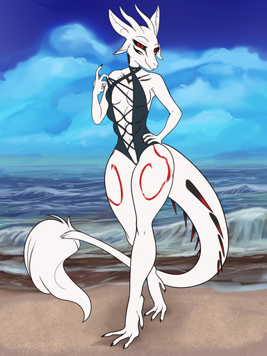 6_breasts anthro beach black_sclera breasts clothing cloud day digital_media_(artwork) digitigrade dragon female fur furred_dragon general-irrelevant genitals hi_res horn looking_at_viewer multi_breast outside pussy red_eyes sand seaside smile solo standing swimwear water white_body white_fur // 1080x1440 // 732.5KB