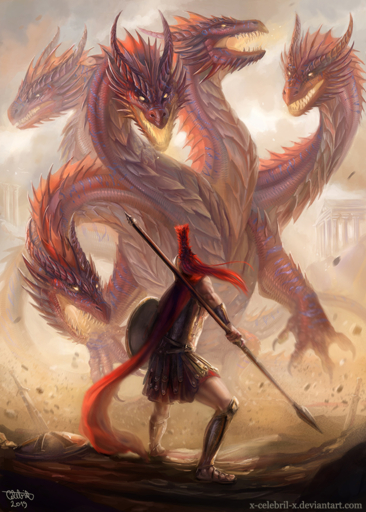 2019 5_fingers anthro armor detailed_background digital_media_(artwork) dragon duo fingers holding_object holding_spear holding_weapon human hydra male mammal melee_weapon multiple_head open_mouth polearm red_body red_scales scales scalie shield spear teeth weapon x-celebril-x // 731x1024 // 1.3MB