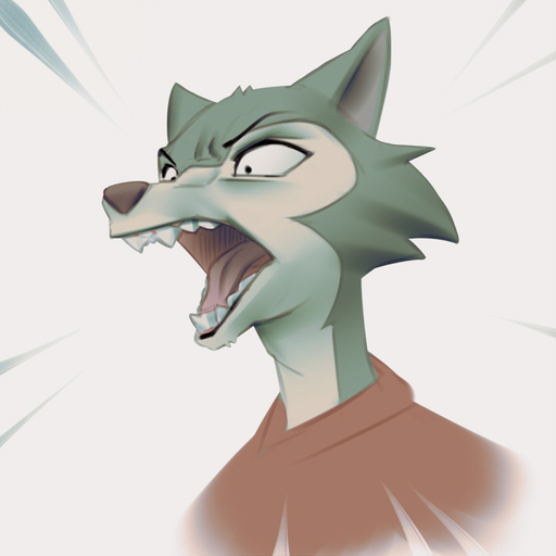 1:1 angry anthro beastars black_nose canid canine canis digital_media_(artwork) fur grey_body grey_fur legoshi_(beastars) male mammal miles_df open_mouth reaction_image simple_background solo teeth tongue wolf // 700x700 // 165.0KB