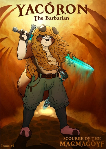 2019 4_toes 5_fingers blonde_hair canid canine canis captainzepto clothing day detailed_background domestic_dog english_text eyebrows feet fingers fur glowing grey_eyes hair hi_res holding_object holding_sword holding_weapon light long_hair male mammal melee_weapon multicolored_body multicolored_fur orange_background shadow simple_background solo_focus standing sun sword text toes weapon yacoron_the_barbarian // 900x1260 // 217.4KB