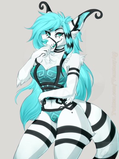 2018 3:4 5_fingers anthro blue_eyes blue_hair blue_nose breasts canid canine clothed clothing corset digital_drawing_(artwork) digital_media_(artwork) female fingers fur hair hi_res lingerie mammal panties smile solo standing thong topwear underwear vexstacy white_body white_fur // 960x1280 // 161.1KB