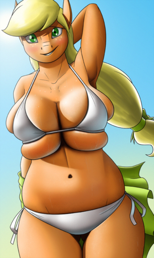 anthro applejack_(mlp) big_breasts bikini biped blonde_hair blush breasts bulging_breasts cleavage clothed clothing creatiffy earth_pony equid equine female freckles fur green_eyes hair hi_res horse huge_breasts looking_at_viewer mammal pony simple_background smile solo swimwear teeth thick_thighs // 1047x1750 // 3.4MB