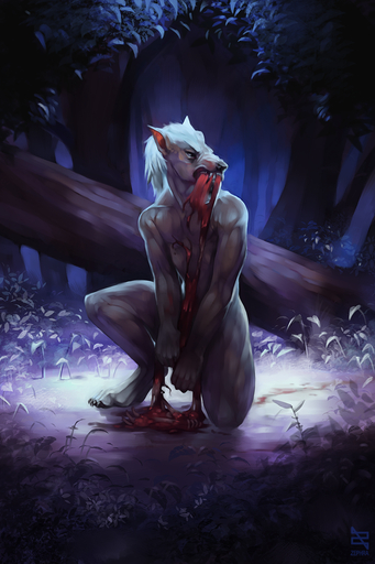 4_toes 5_fingers anthro black_nose canid canine canis detailed_background digital_media_(artwork) feet fingers forest fur grass grey_body grey_fur hi_res male mammal night outside plant solo teeth toes tree were werecanid werecanine werewolf wolf zephra // 853x1280 // 1.2MB