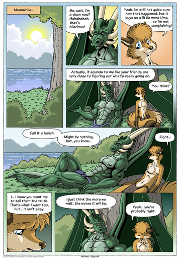 anthro blue_eyes bottomwear canid canine clothed clothing comic dialogue dragon english_text farin fox fur geminisaint green_body green_scales hi_res loincloth male mammal plant scales scalie sekk'ral speech_bubble text topless tree water wings // 896x1280 // 554KB