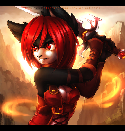 anthro black_bars black_nose breasts clothed clothing detailed_background digital_media_(artwork) felid female hair holding_object holding_sword holding_weapon juliathedragoncat mammal melee_weapon red_eyes red_hair solo sword text url weapon // 950x1000 // 862KB