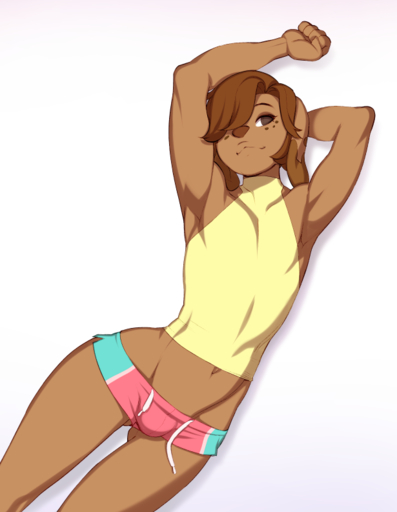 anthro arms_above_head athletic athletic_anthro athletic_male bottomwear brown_body brown_eyes brown_fur brown_hair bulge canid canine clothing doxy fur girly hair hair_over_eye hotpants lying male mammal marty_(onta) midriff navel one_eye_obstructed plantigrade shorts simple_background solo white_background // 615x793 // 176.7KB